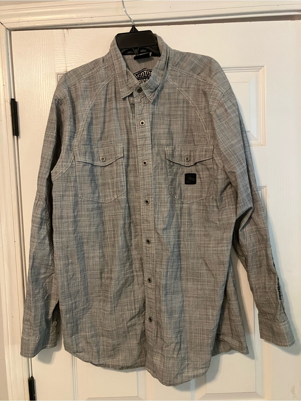 Harley Davidson Patent Dates Gray Long Sleeve Snap Front Shirt Mens Size XLT